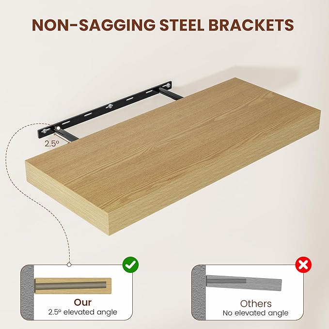 12 Inch Deep Floating Shelves 24 inch Long, 24 x 12 Wide Wall Shelves with Invisible Brackets, Heavy Duty Shelf for Bedroom Bathroom Living Room Kitchen Office Home Decor, Modern Shelf Set of 2, Oak-Ruum Studio Home