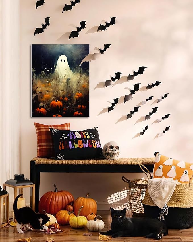 Halloween Canvas Wall Art, Spooky Ghost in Pumpkin Patch Poster, Vintage Gothic Fall Decor, Dark Academia Fall Decor for Living Room, Framed Indoor Halloween Decorations-Ruum Studio Home