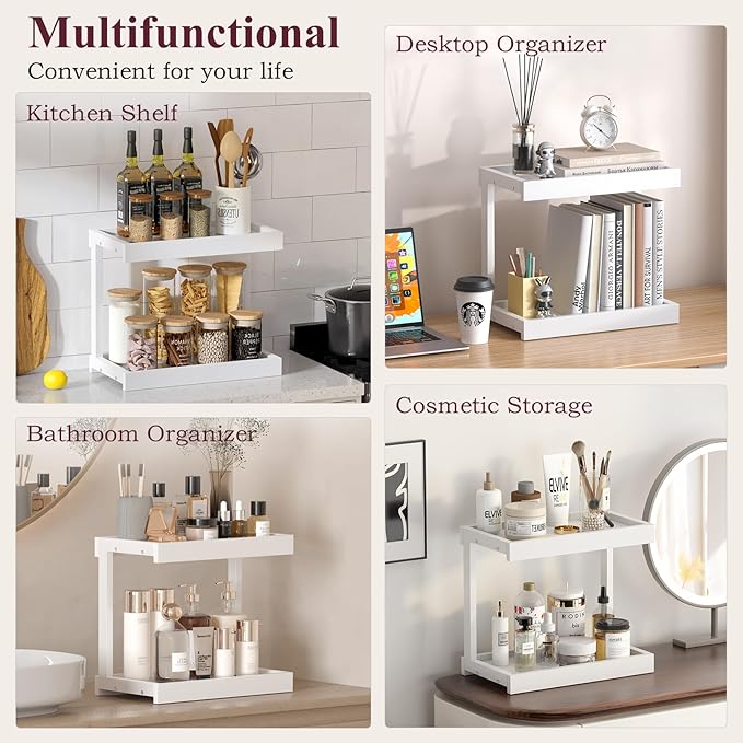 MARTY 2 Tier 15.75"x8.9" Large Countertop Shelf Organizer Spice Rack, Coffee Station Organizer for Mugs Cups, Wooden Shelf Desktop Storage Organizer for Kitchen Bathroom Home Office (White)-Ruum Studio Home