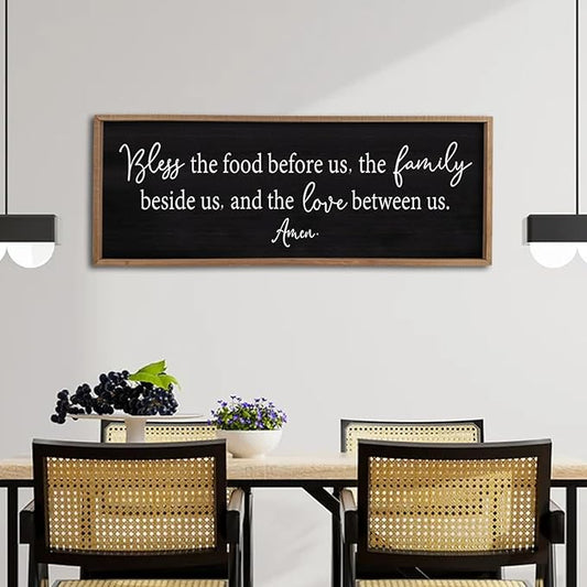 Bless the Food Before Us Sign Wall Decor 40"X15" Large Farmhouse Dining Room Wall Decor Framed Wood Rustic Home Wall Art Kitchen Decoration (Wood Black)-Ruum Studio Home