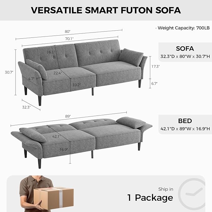 89” Futon Sofa Bed, Comfy Futon Couch Bed with 2 Square Pillows, Convertible Sleeper Sofa with Adjustable Backrest& Armrests, Modern Loveseat Sleeper for Living Room, Bedroom, Light Gray-Ruum Studio Home