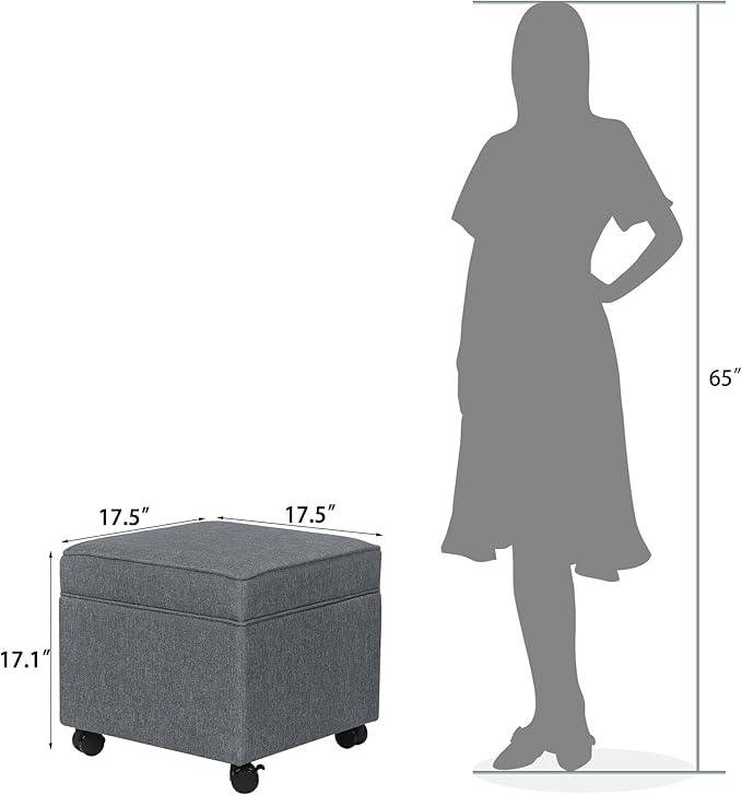 Adeco 17.5" Square Fabric Ottoman with Storage, Upholstered Cotton Linen Foot Rest, Flip Top Footstool, Small Cube Coffee Table Extra Seat for Living Room, Bedroom, Grey with Rolling Legs-Ruum Studio Home