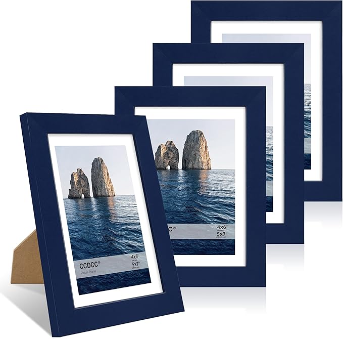 5x7 Picture Frame Set of 4, 5 x 7 Wood Photo Frames with Mat for 4x6, Natural Wooden Frame with Real Glass Cover for Wall and Tabletop Display,Blue-Ruum Studio Home