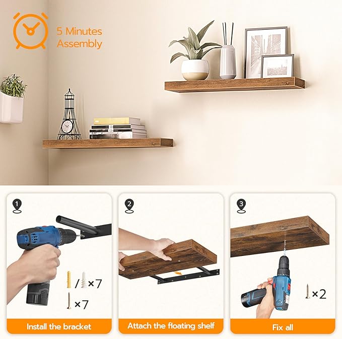 HOOBRO Floating Shelves for Wall, Wall Mounted Shelf Set of 2, 39.4" Hanging Shelf with Invisible Brackets, for Wall Bathroom, Bedroom, Toilet, Kitchen, Livingroom, Office, Rustic Brown BF100BJP201G2-Ruum Studio Home