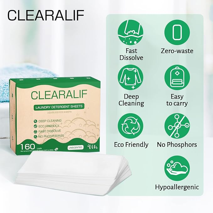 CLEARALIF Laundry Detergent Sheets up to 160 Loads (80sheets), Unscented, Laundry Detergent Strips Eco Friendly & Hypoallergenic-Ruum Studio Home