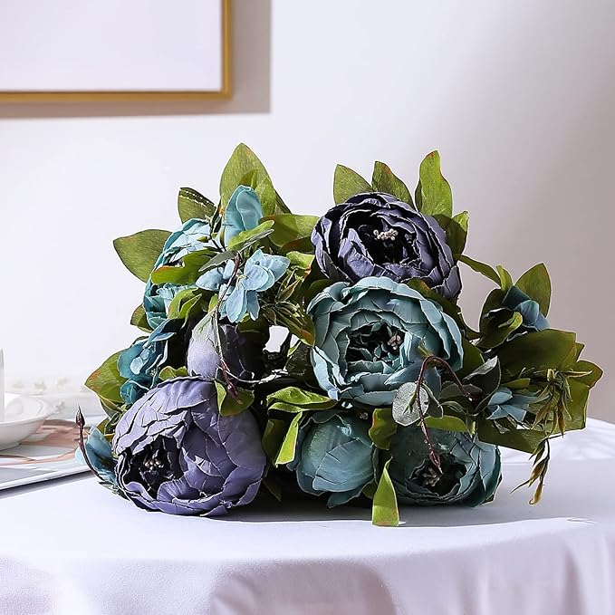 Duovlo Fake Flowers Vintage Artificial Peony Silk Flowers Wedding Home Decoration,Pack of 1 (New Grey Blue)-Ruum Studio Home