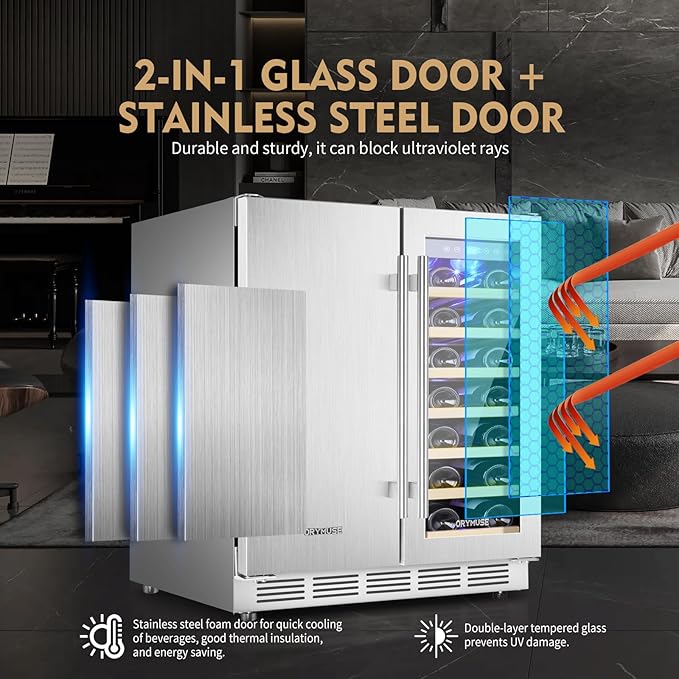 Wine and Beverage Refrigerator, 24 Inch Stainless Steels Beverage Fridge Dual Zone, Wine Beverage Cooler Built-in or Freestanding with Upgraded Cooling, 20 Bottles and 88 Cans Large Capacity-Ruum Studio Home