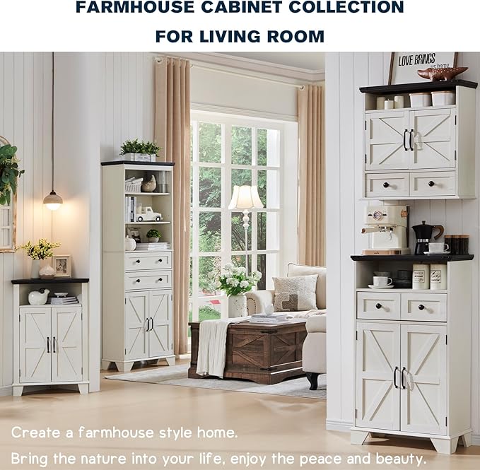 Bathroom Floor Cabinet, Farmhouse Storage Cabinet, 24" Wide Cabinet with Drawer, Adjustable Shelf, Barn Doors, Cabinets for Bathroom, Kitchen, Living Room, Off White-Ruum Studio Home