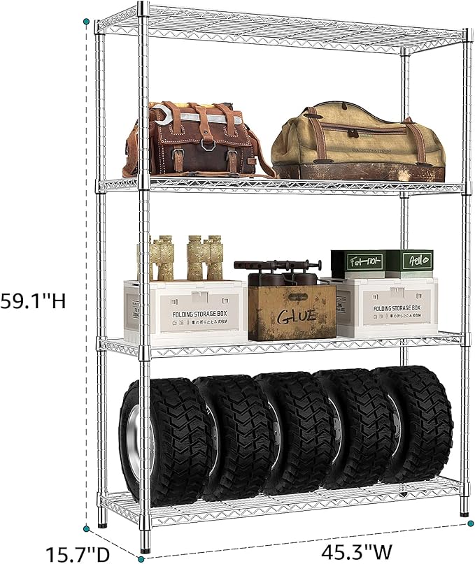 IZEUK 1400 LBS Garage Chrome Shelving Wide Storage Shelves 4 Tier Adjustable Heavy Duty Metal Wire Rack Standing Shelf Unit for Kitchen Office College Dorm Garage Warehouse 15.8" x 45.8"x 59.4"-Ruum Studio Home