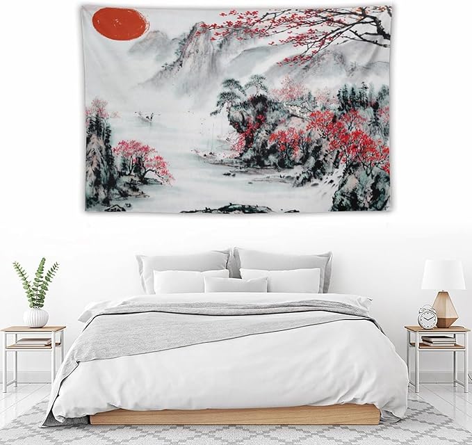 Cherry Blossoms Tapestry,Japanese Red Landscape Asian Watercolor Abstract Art Tapestry, Asian Japanese Wall Tapestry, Nature Landscape Tapestries for Bedroom Living Room Decor 60"x40"-Ruum Studio Home