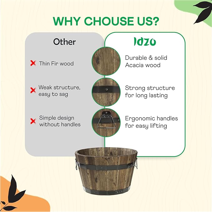 IDZO Set of 3 Wooden Flower Planters for Outdoor Plants, Acacia Wood Barrel Planters, Ergonomic Handles, Drainage Holes, Various Sizes, Walnut-Ruum Studio Home