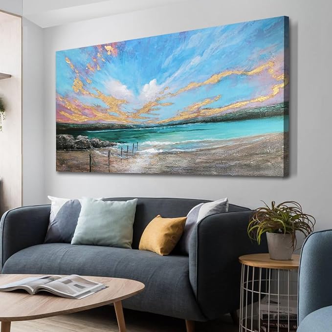 Arjun Ocean Teal Wall Art Canvas Coastal Beach Painting Blue Turquoise Landscape Sunset Picture, Panoramic Gold Foil Textured Large Artwork Framed for Living Room Bedroom Bathroom Wall Decor 40"x20"-Ruum Studio Home
