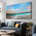 Arjun Ocean Teal Wall Art Canvas Coastal Beach Painting Blue Turquoise Landscape Sunset Picture, Panoramic Gold Foil Textured Large Artwork Framed for Living Room Bedroom Bathroom Wall Decor 40"x20"-Ruum Studio Home