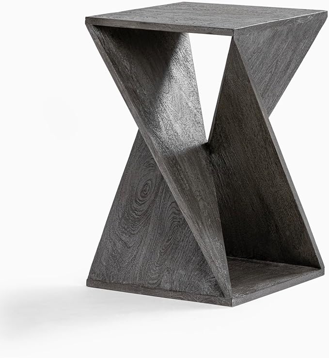Modern Hand Made One-of-a-Kind Carved Mango Wood End Table, Farmhouse Side Table,Farmhouse End Table,Living Room,Bedroom, Accent Table, Contemporary Architectural Designed Grey,Assembled-Ruum Studio Home