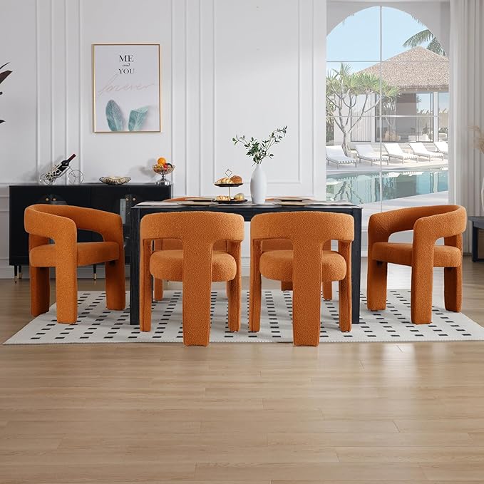 Orange Sherpa Dining Chairs Set of 2, Modern Barrel Dining Room Chairs Upholstered Faux Fur Accent Chair with Arms and Round Back for Living Room Kitchen Armchair No Assembly Needed-Ruum Studio Home