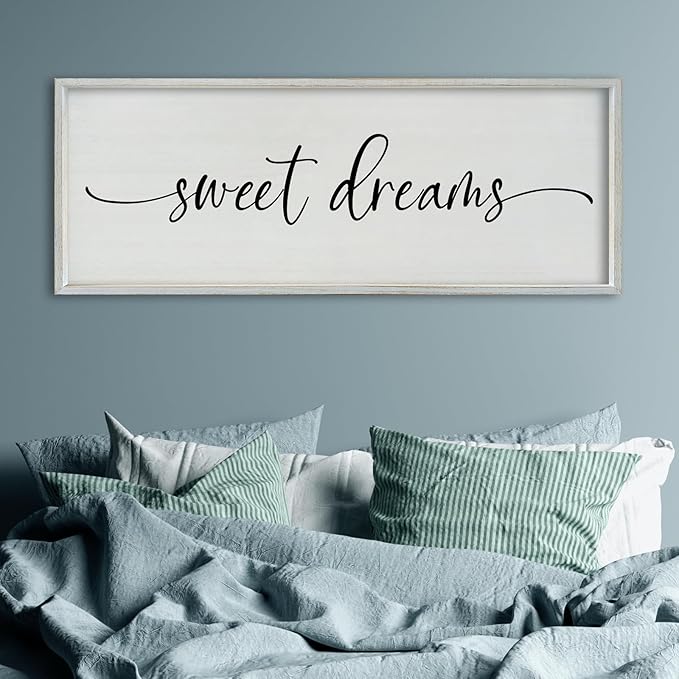 SRSZHIYUE Sweet Dreams Above Bed Wall Decor, 40"x15" Large Rustic Master Bedroom Over Bed Sign Guest Room Couples Wood Framed Farmhouse Horizontal Hanging Decoration (White)-Ruum Studio Home