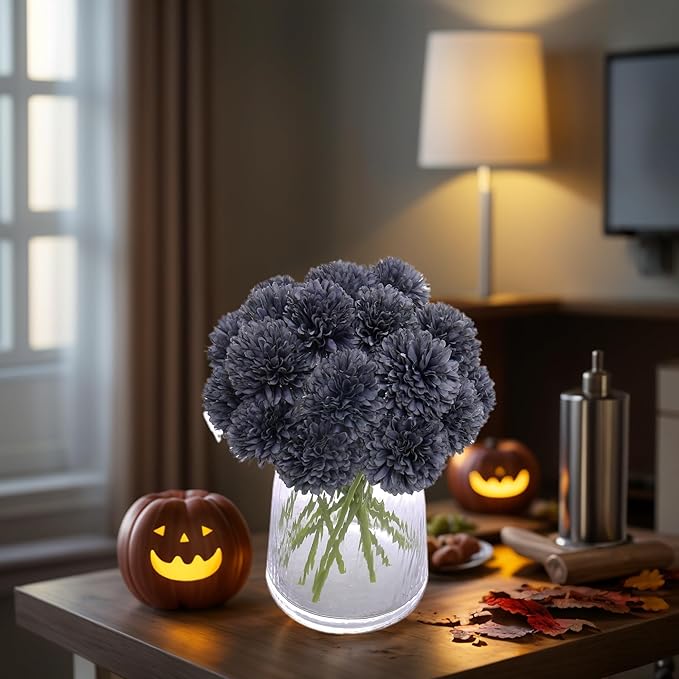 Kimura's Cabin 20Pcs Faux Mums Flowers Artificial Silk Chrysanthemums Fake Ball Flower for Halloween Fall Home Kitchen Table Decor Arrangement Decoration Bouquets (Grey Black)-Ruum Studio Home