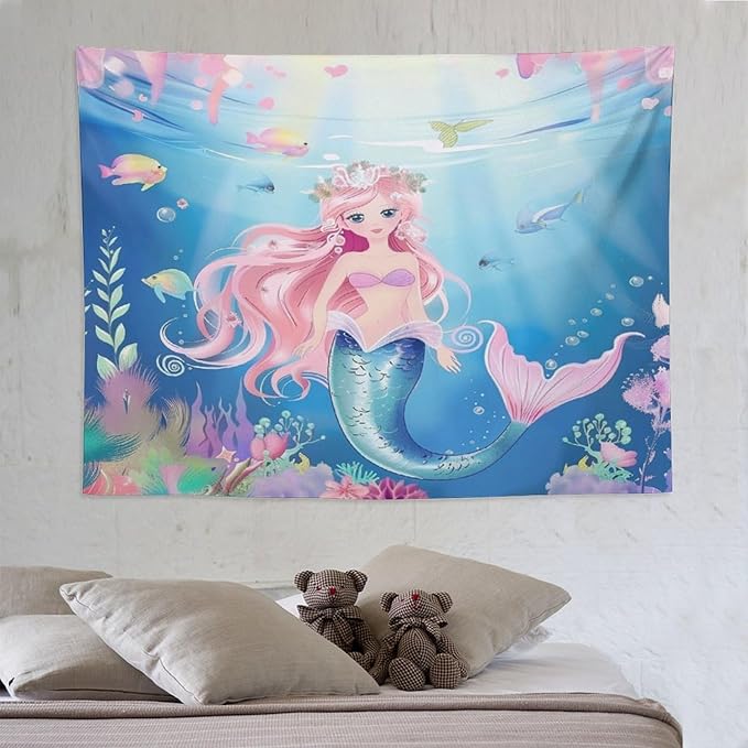 HZOHNAGO Mermaid Girls Tapestry Watercolor Mermaid Princess Pattern Printed Wall Tapestry Wall Hanging for Bedroom Living Room Dorm 80" W x 60" H-Ruum Studio Home