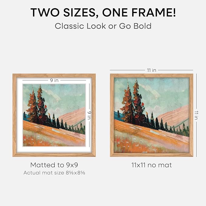 Homeforia 11x11 Picture Frame Wood, High-End Natural Oak 11 x 11 Thin Square Poster Frames with Mat 9 by 9 inch Photo, 11by11 Light Wooden Frame Matted to 9x9 Print, Tempered Glass, Wall Kit, Set of 1-Ruum Studio Home
