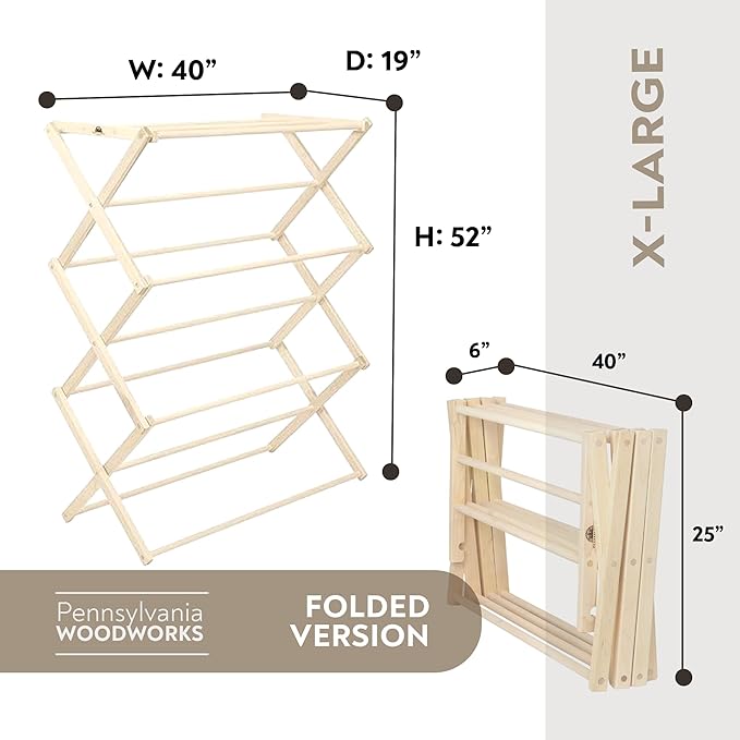 Pennsylvania Woodworks Premium American Maple Clothes Drying Rack - Handcrafted in Pennsylvania - Solid Wood Construction, Collapsible, Eco-Friendly Laundry Solution (X-Large)-Ruum Studio Home