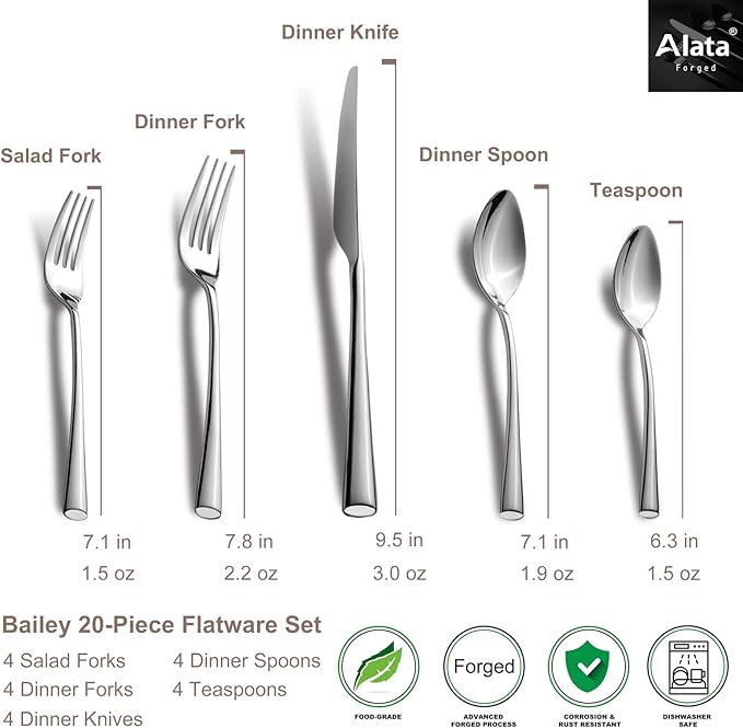 Alata Bailey 20-Piece Forged Silverware Set Stainless Steel Flatware Set,Service for 4,Mirror Polished Cutlery Set,Dishwasher Safe…-Ruum Studio Home