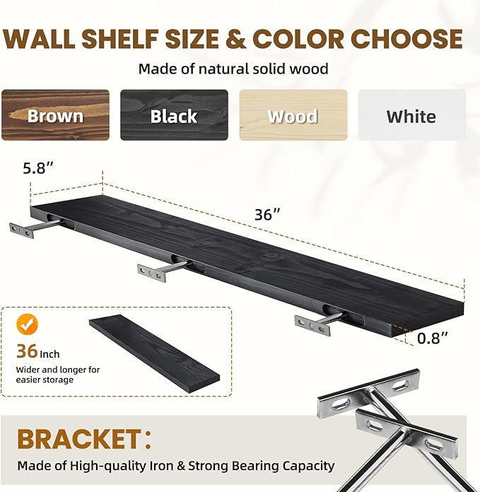 Floating Wall Shelves 2-Pack - 36-Inch Rustic Black Wooden Shelves for Storage and Décor, Easy Installation for Living Room, Bedroom, and Kitchen-Ruum Studio Home