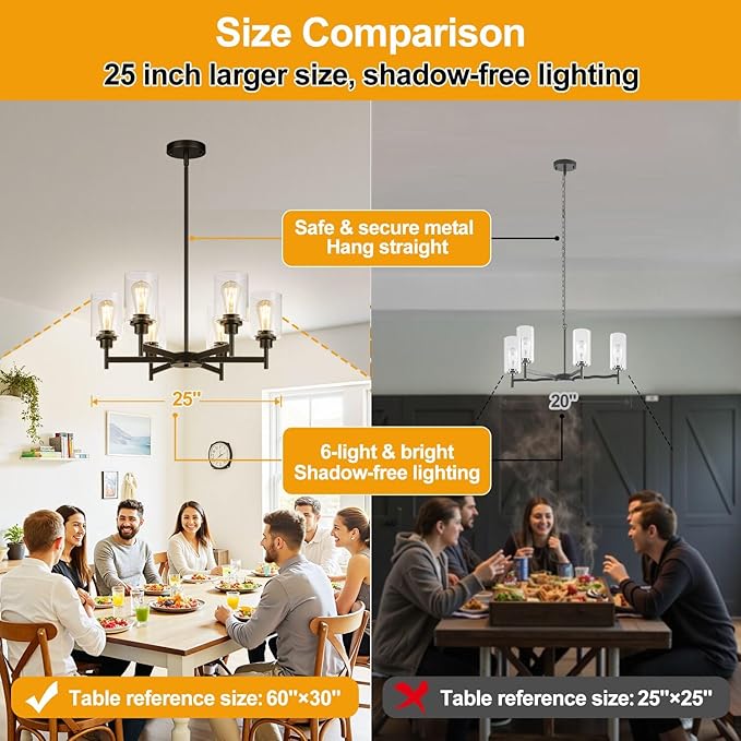 Black Chandeliers, 6 Light Dining Room Light Fixtures Over Table, Farmhouse Chandeliers for Dining Room with Clear Glass Shade for Kitchen Island Living Room Bedroom Bathroom, Height Adjustable-Ruum Studio Home