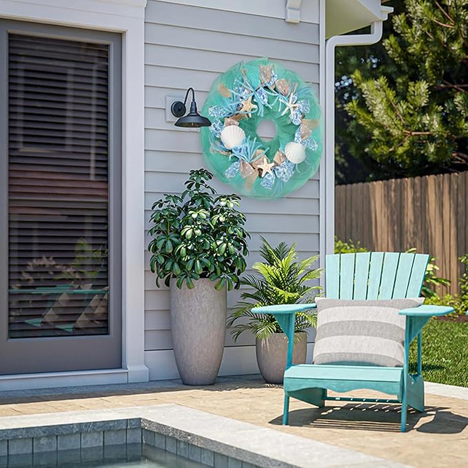 26 Inch Coastal Seashell Large Wreath with Natural Starfish & Scallops Shell, Lake Blue Beach Style Front Door Wreath with for Spring Summer, Farmhouse Rustic Indoor Outdoor Home Wall Wedding Decor-Ruum Studio Home