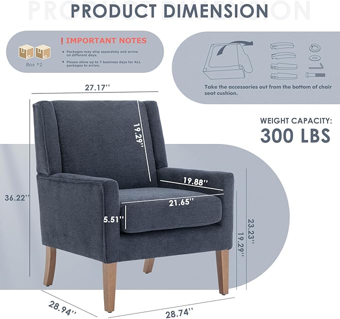 COLAMY Modern Wingback Living Room Chair Set of 2, Upholstered Fabric Accent Armchair, Single Sofa Chair with Lounge Seat and Wood Legs for Bedroom/Office/Reading Spaces, Blue-Ruum Studio Home