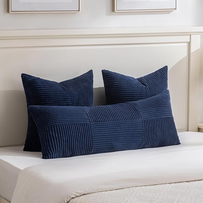 Fancy Homi 2 Packs Navy Blue Decorative Throw Pillow Covers 22x22 Inch for Living Room Couch Bed Sofa, Rustic Farmhouse Boho Home Decor, Soft Corss Corduroy Patchwork Accent Cushion Case 55x55 cm-Ruum Studio Home