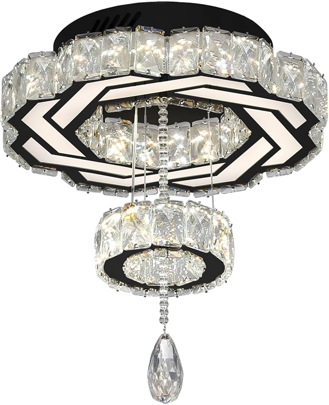 Flashing God Small Crystal Chandeliers Dia 12" Black Chandelier Flush Mount Ceiling Light for Bedroom Living Room Dining Room Hallway Dimmable 3 Rings LED Celing Lighting Fixtures-Ruum Studio Home