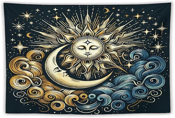 HZOHNAGO Sun Moon Tapestry Boho Golden Stars Pattern Printed Wall Tapestry Wall Hanging for Bedroom Living Room Dorm 60" W x 40" H-Ruum Studio Home