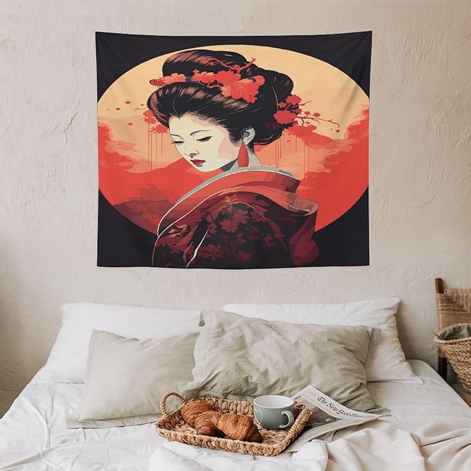 Japanese Woman Geisha Tapestry Asian Cherry Blossom Red Sun Traditional Kimono Folk Tapestries Home Decor for Living Room Bedroom Apartment Farmhouse Dorm 60"x50"-Ruum Studio Home