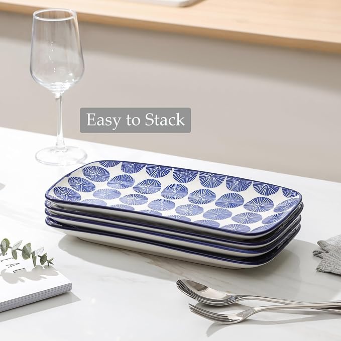 Selamica Ceramic Rectangular Serving Platters Set of 4, 12 Inch Serving Trays/Dishes for Party Entertaining, Rectangular Dinner Plates for Appetizer Salad Dessert Sushi, Vintage Blue-Ruum Studio Home