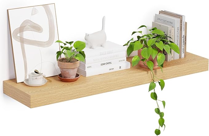 Heimlove 12 Inch Deep Floating Shelves, 48 x 12 inches Long Wall Shelf, Large Display Shelf & Storage Shelf, Rustic Wood Wall Shelves for Fireplace Mantel, Set of 1(Oak)-Ruum Studio Home