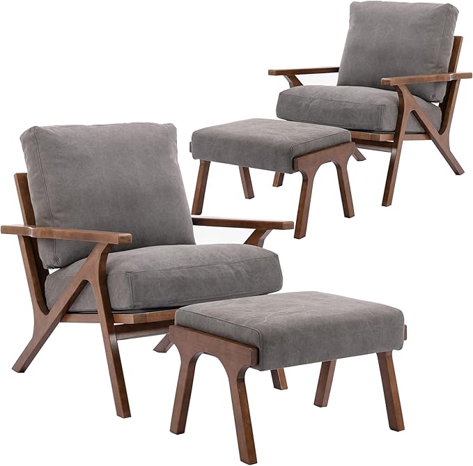 chairus 2 Sets Mid-Century Modern Accent Chairs with Ottoman, Linen Fabric Armchair with Wood Legs Comfy Upholstered Single Sofa Chair for Living Room/Bedroom/Lounge, Grey-Ruum Studio Home