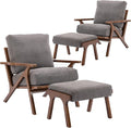 chairus 2 Sets Mid-Century Modern Accent Chairs with Ottoman, Linen Fabric Armchair with Wood Legs Comfy Upholstered Single Sofa Chair for Living Room/Bedroom/Lounge, Grey-Ruum Studio Home
