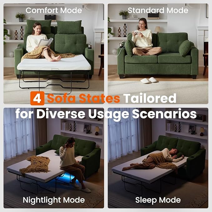 Pull Out Sofa Bed, Full Size Sleeper Sofa, 2-in-1 Convertible Corduroy Couch with USB Charging, Memory Form Couch for Living Room, Apartment and Small Space (Green, Corduroy - Full Size)-Ruum Studio Home