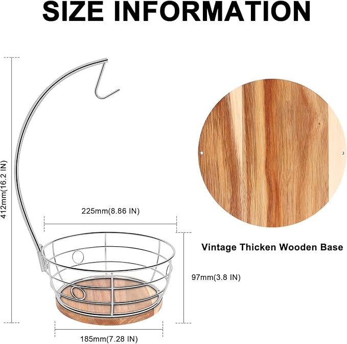 Livabber Countertop Fruit Basket Bowl with Banana Hanger, Modern Standing Fruit Vegetable Bowl Storage, with Banana Tree Holder for Kitchen Dinning Table (Round Wood, Chrome)-Ruum Studio Home