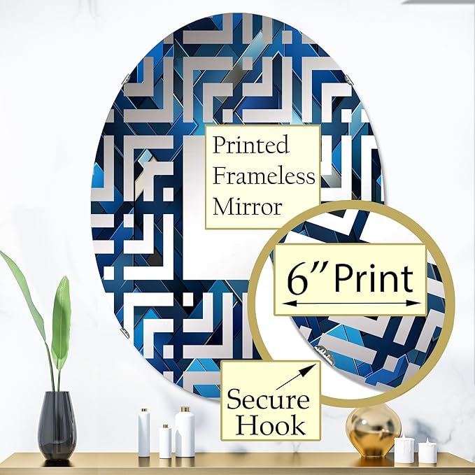 Symmetric Cubes in Deep Cobalt Blue - Geometric Maze - 24x36 Inches - Oval Decorative Wall Mirror for Bathroom, Bedroom, Entryway, Living Room, Vanity Room and Modern Décor-Ruum Studio Home