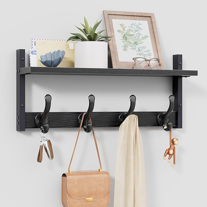 Tatub 20" Rustic Coat Rack Wall Mount with Shelf, Wall Hooks with Shelf, Heavy Duty Entryway Organizer Hangers for Hanging, Hat, Bag, Jacket for Bathroom, Living Room, Bedroom, Black-Ruum Studio Home