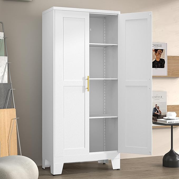 Metal Pantry Cabinet with 2 Doors and Adjustable Shelves - 61" Kitchen Storage Cabinet with Gold Handles - Versatile Storage for Kitchen, Bathroom, Dining Room, Utility Room - White-Ruum Studio Home