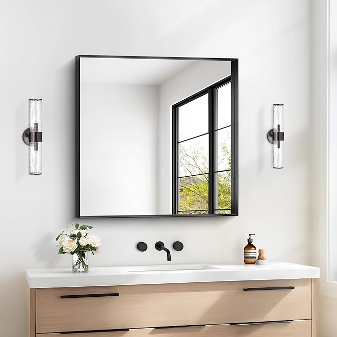 Black Bathroom Mirror, 30x30 Inch Rectangular Framed Mirror, Large Wall Mounted Bathroom Vanity Mirror Over Sink for Bedroom,Restroom, Living Room, Hangs Vertically or Horizontally-Ruum Studio Home