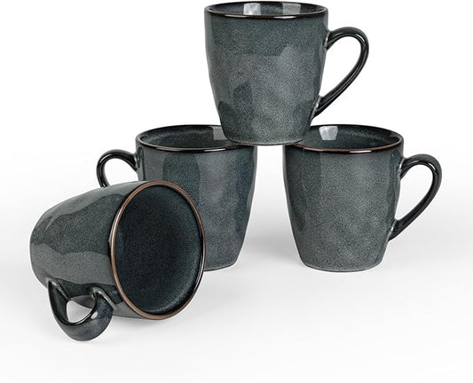 famiware Coffee Mugs Set of 4, Ocean Round 11.5oz Coffee Cup Set with Handle for Cocoa, Milk, Hot Chocolate, Stoneware Cups for Kitchen, Reactive Glaze, Microwave Dishwasher Safe, Deep Forest-Ruum Studio Home