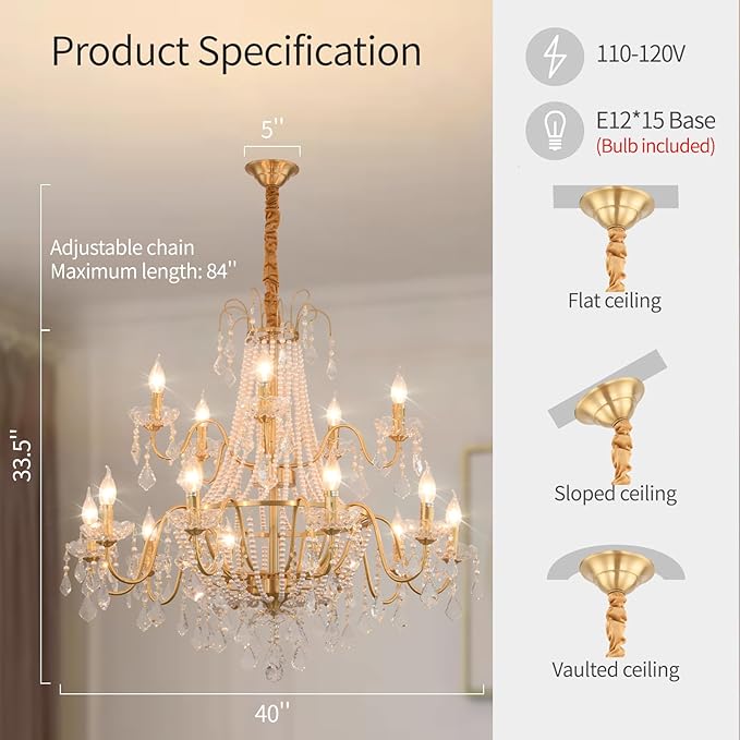 40" Large Brass Crystal Chandeliers,Gold Brushed Brass Chandelier for High Ceiling Living Room Dining Room Staircase Hallway Entryway Foyer(15-Light, Bulb Included)-Ruum Studio Home