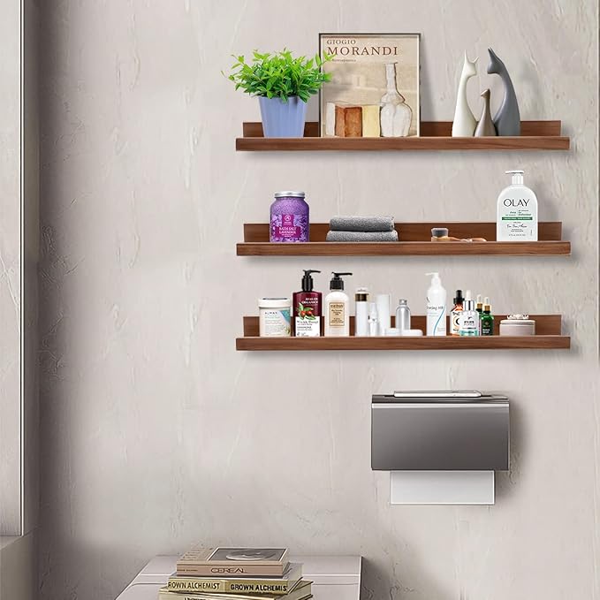 AZSKY Floating Photo Shelves Fair Light Walnut 24 Inch Picture Ledge for Storage Wall Book Shelves Hanging Picture Photo Frame Ledge Shelves with Lip a Set of 3 Same Sizes Kitchen Spice Rack-Ruum Studio Home