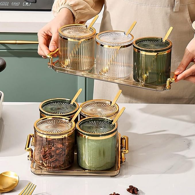 Acrylic Condiment Spice Jars,Condiment Spice Box With Lids and Spoons and Tray,Clear Plastic Condiment Canisters,Seasoning Box 4 Pack,Seasoning Box Set for Kitchen to Storage Salt,Paprika,Sugar-Ruum Studio Home