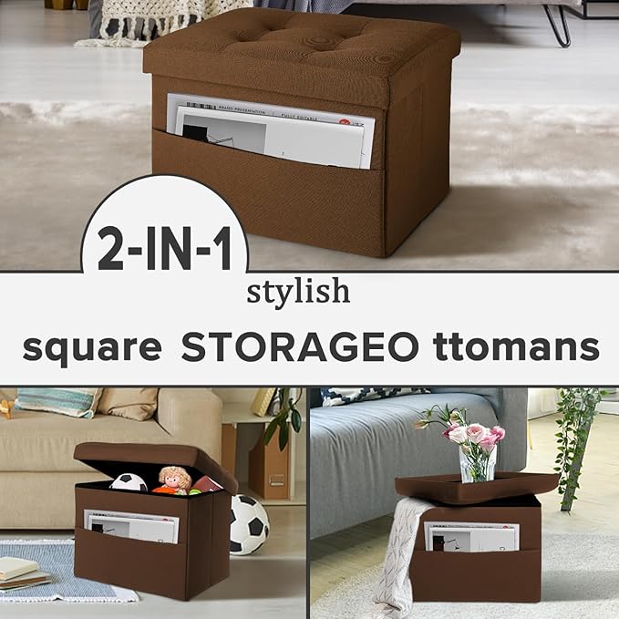 LINMAGCO Storage Ottoman Folding Foot Stool Foot Rest with Side Pocket Modern Ottoman with Storage Short Sofa Stool Linen Cloth 17x13x13(Brown)-Ruum Studio Home