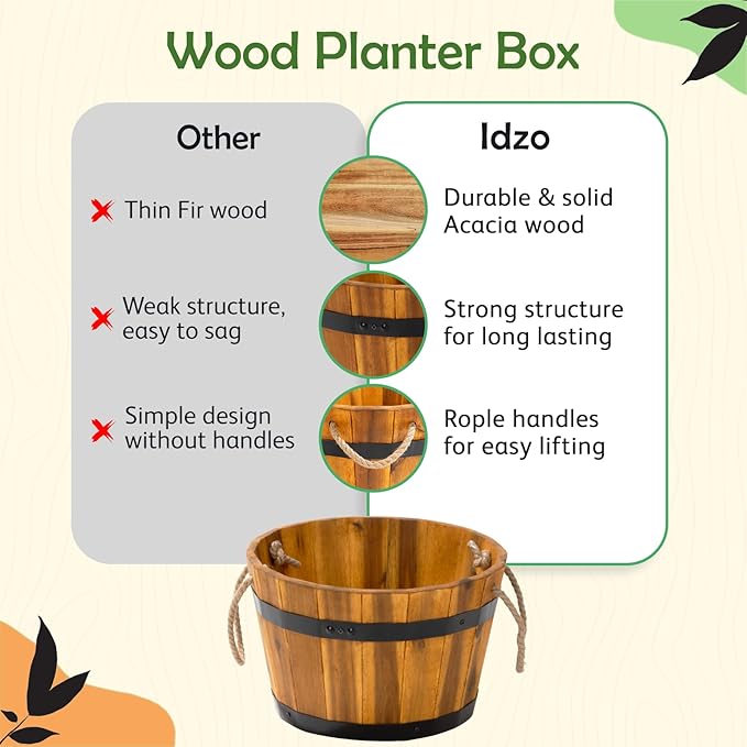 IDZO Set of 3 Wooden Flower Boxes Outdoor, Durable Acacia Wood Barrel Planters for Outdoor Plants with Ergonomic Handles, Drainage Holes, Multiple Sizes Wood Bucket Planter for Home Décor-Ruum Studio Home