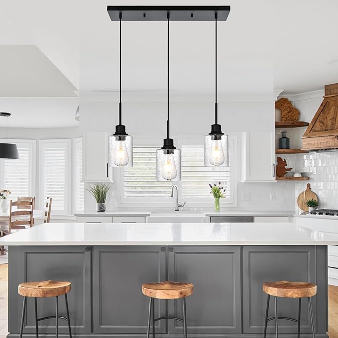 Modern 3-Light Pendant Island Light Fixture Black Ceiling Hanging Lights with Clear Seeded Glass and Adjustable Cord,Industrial Pendant Lighting for Kitchen Living Room Dining Room Foyer-Ruum Studio Home
